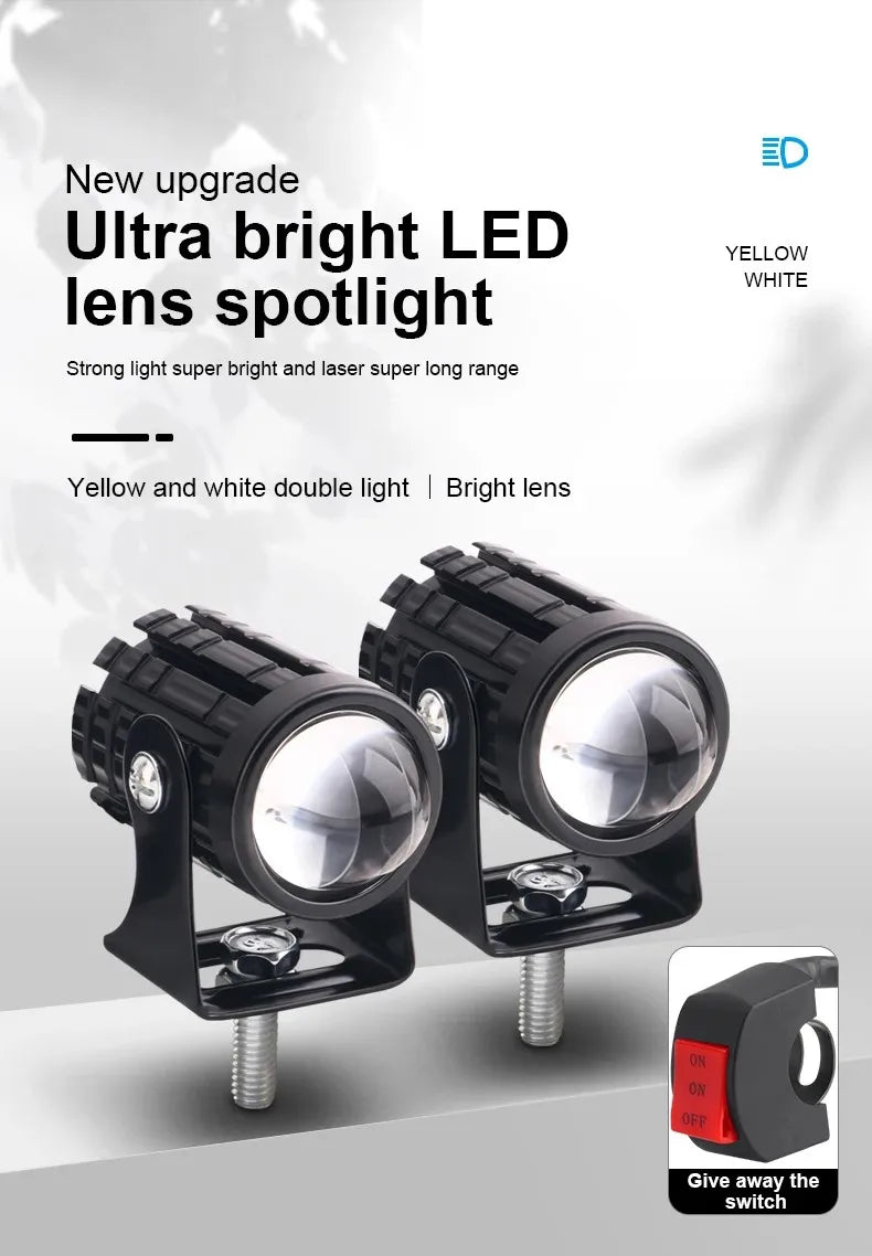 A pair of black LED lens spotlights are shown, featuring yellow and white dual light beams.