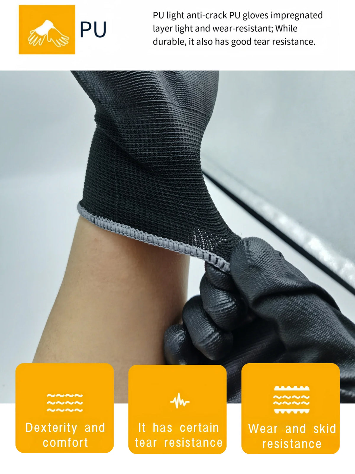 Black PU light anti-crack gloves shown on a hand, highlighting dexterity, tear resistance, and wear/skid resistance.