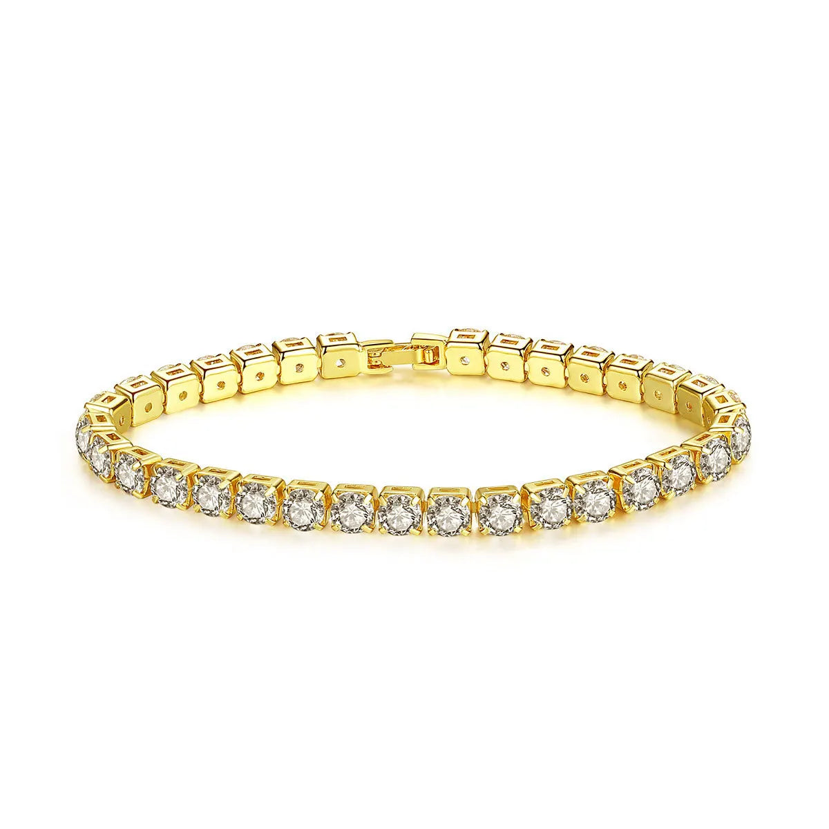 A gold tennis bracelet featuring small round cubic zirconia stones.