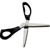 A pair of professional scalloped pinking shears with black handles and silver blades.