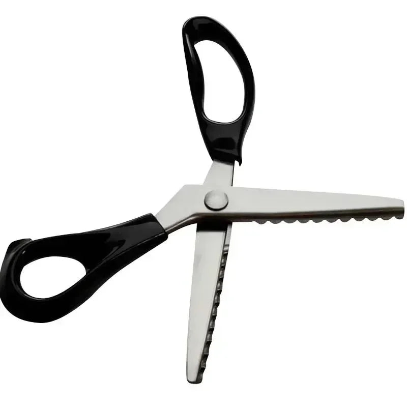 A pair of professional scalloped pinking shears with black handles and silver blades.