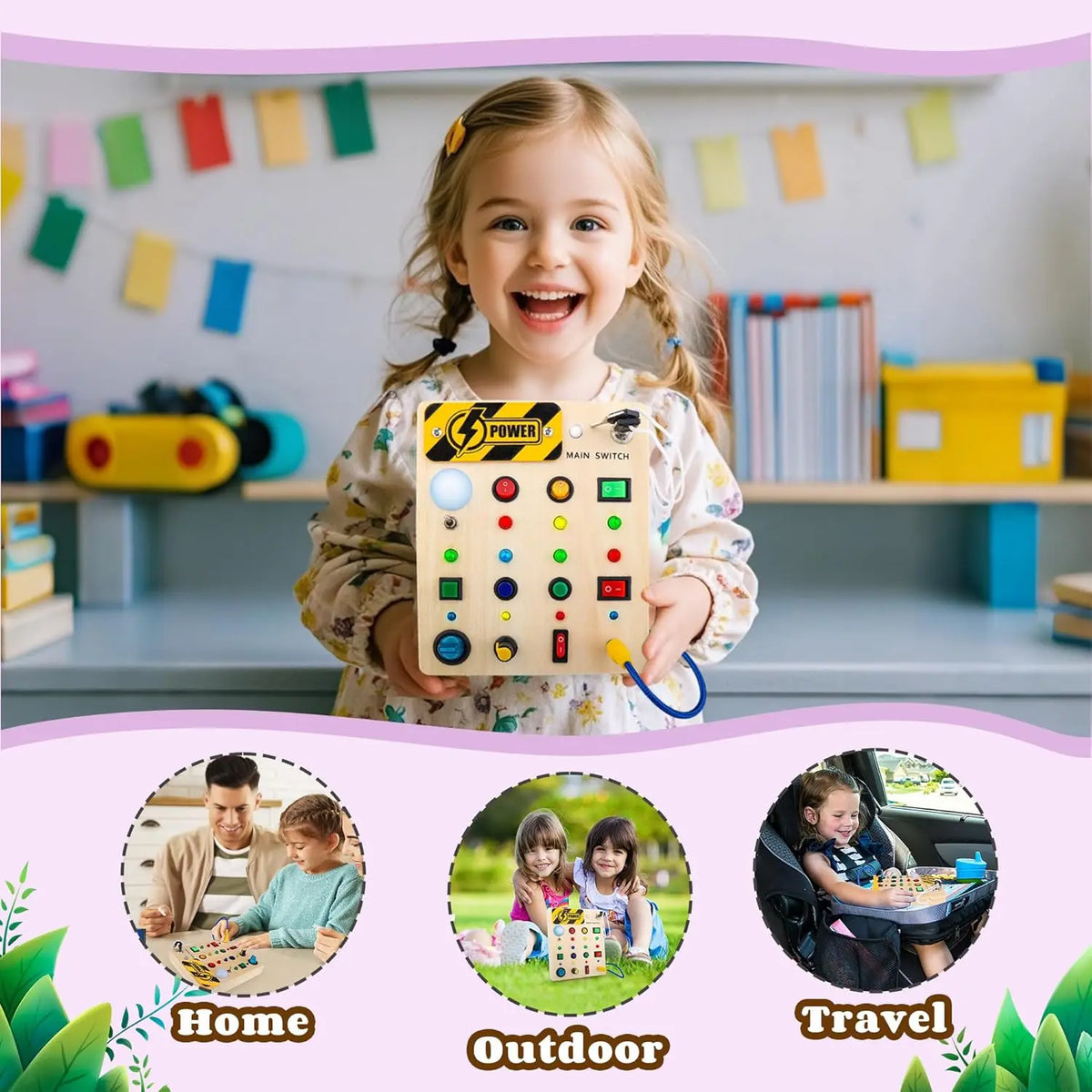 A smiling toddler holds a wooden busy board with LED switch lights, demonstrating a Montessori sensory toy.