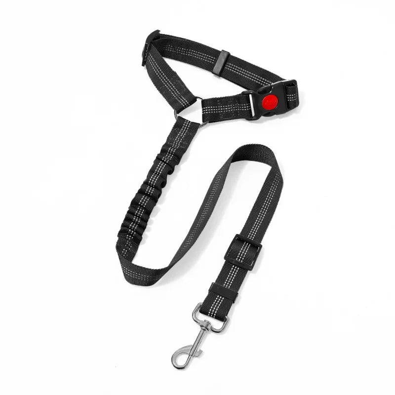 Black adjustable reflective dog car safety harness with a red reflector and headrest strap