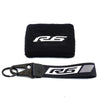 Black neoprene sock with an R6 logo and a black strap for a brake fluid reservoir cover.
