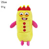 A yellow plush doll shaped like the number 1, featuring red accents and large eyes.
