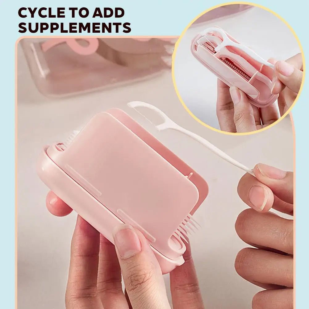 A pink portable automatic floss pick dispenser is shown being used to add supplements.