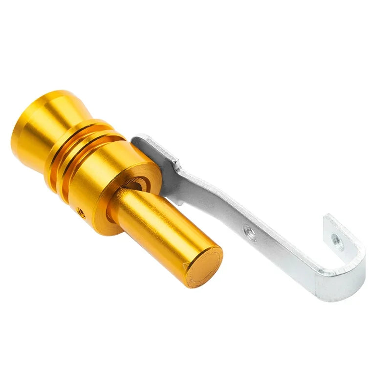 A brass exhaust turbine whistle with a silver metal clamp.