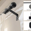 Matte black decorative curtain rod with a spherical finial and various dimension specifications.