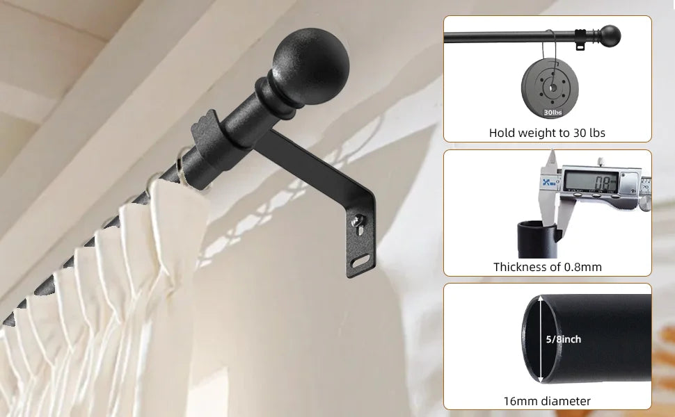 Matte black decorative curtain rod with a spherical finial and various dimension specifications.