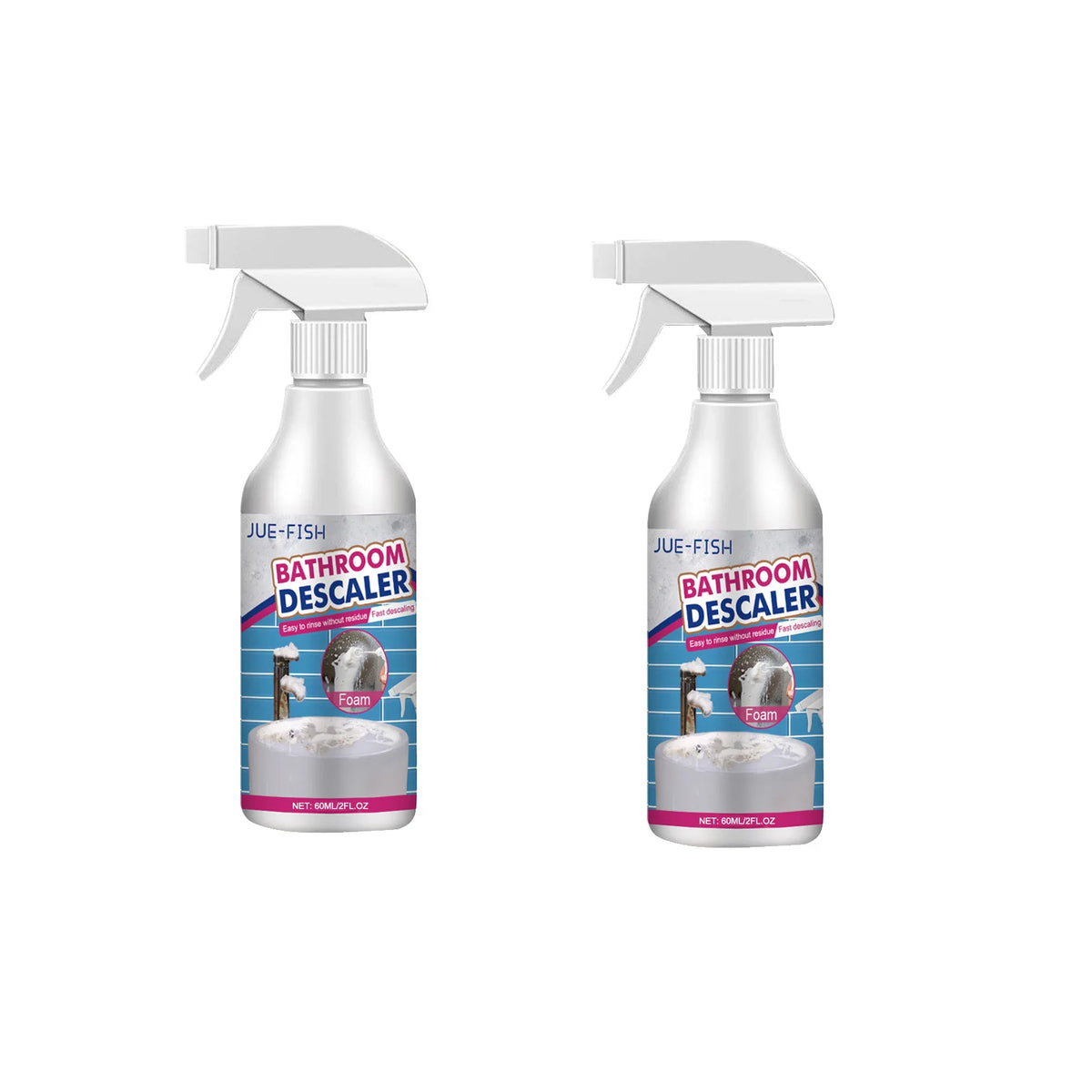 A bottle of Jue-Fish Bathroom Descaler and stain remover spray with a white plastic applicator.
