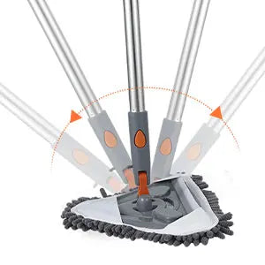 A 360° rotating triangle microfiber wall cleaning mop with a long handle being used to clean a surface.