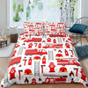 Red and white patterned firefighter duvet cover set featuring fire engine and rescue equipment designs