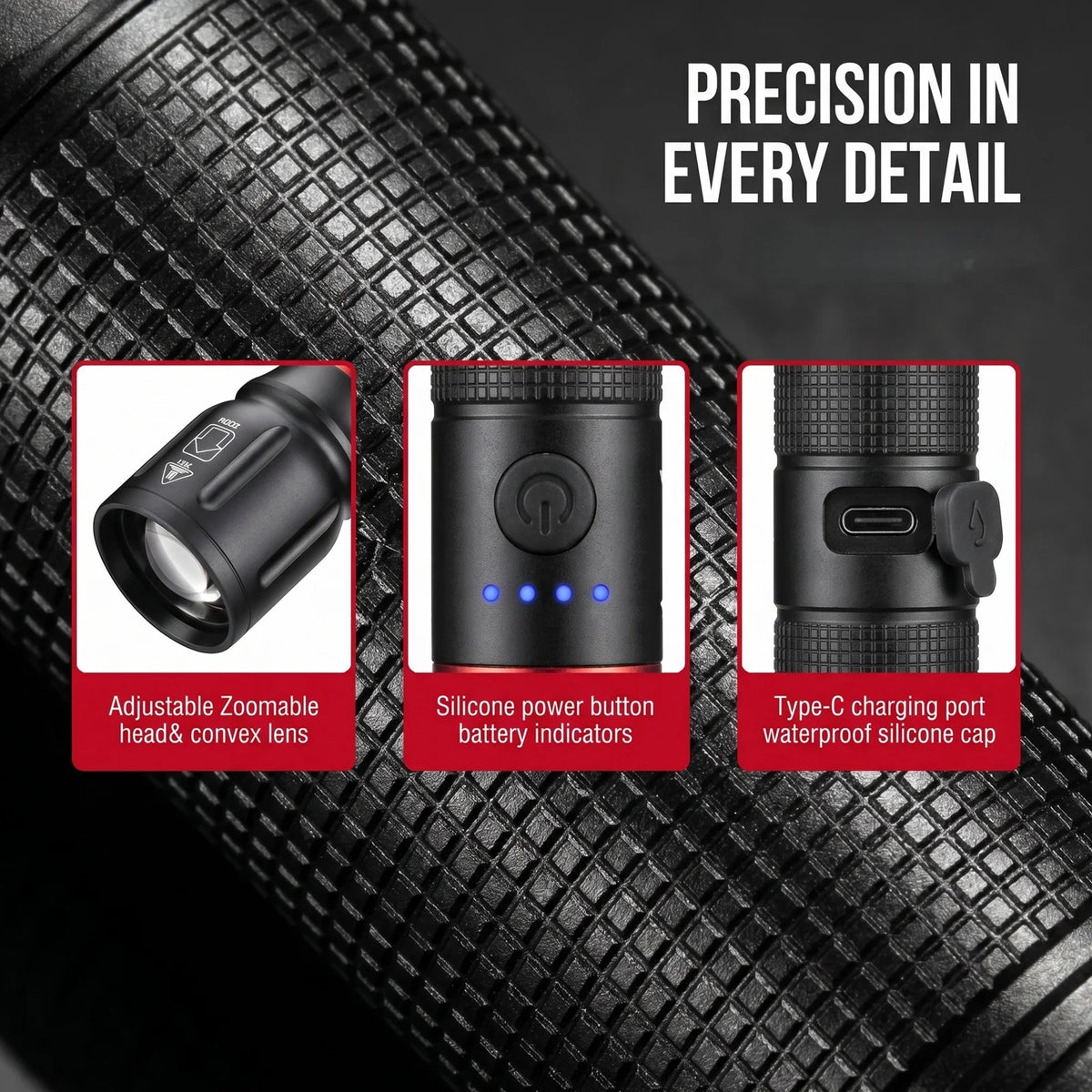 Close-up view of a black LED flashlight showing its features including an adjustable lens, power button indicators, and Type-