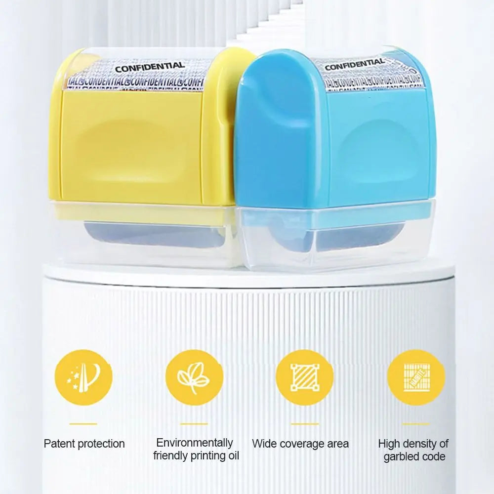 A set of yellow and blue roller identity protection stamps for privacy with features like patent protection and high density 