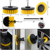 A set of yellow and black rotary cleaning brushes with extension shafts for use with a drill.