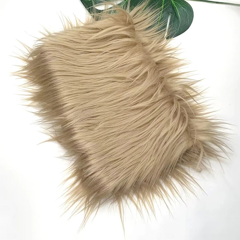 Close-up of light beige soft faux fur fabric for DIY sewing and cosplay