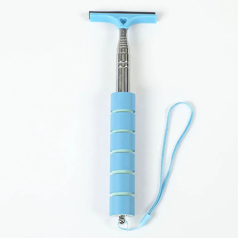 A light blue retractable car mirror and window cleaning wiper with a flexible cord.