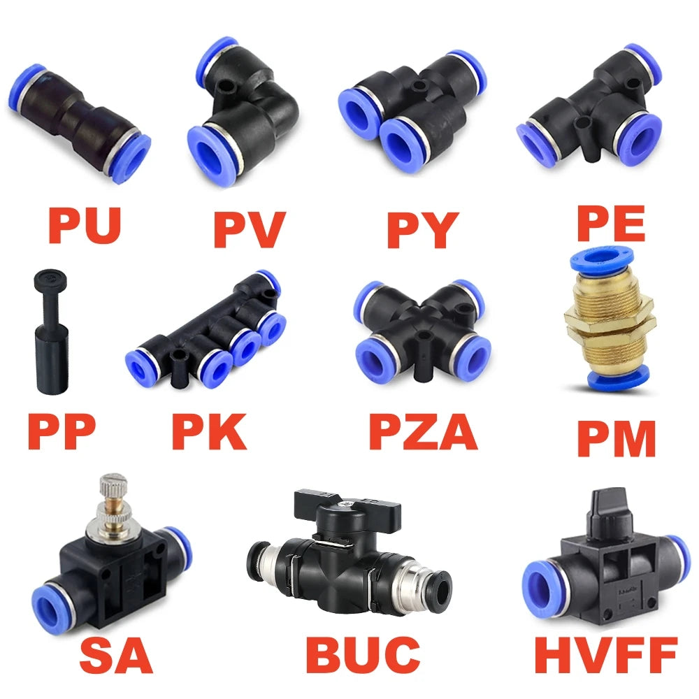 A collection of industrial pneumatic push-to-connect fittings including PU, PV, PY, PE, PP, PK, PZA, PM, SA, BUC, and HVFF.