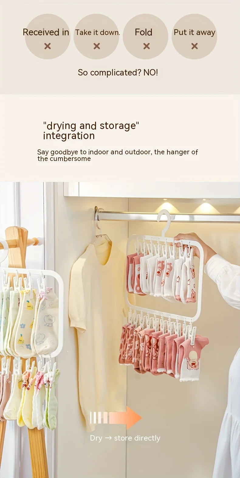 A white laundry drying rack with multiple clips holding pink and white shirts inside a closet.