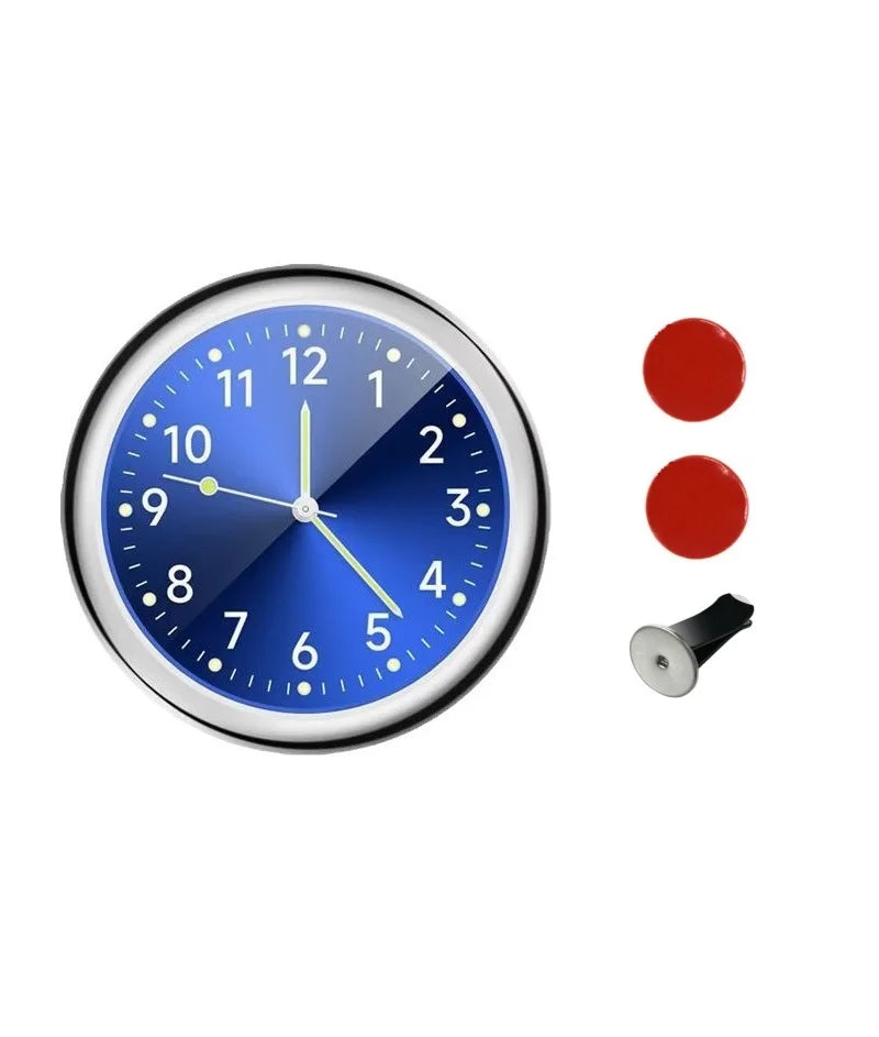 A round blue quartz clock face with luminous hands and a black mounting piece.