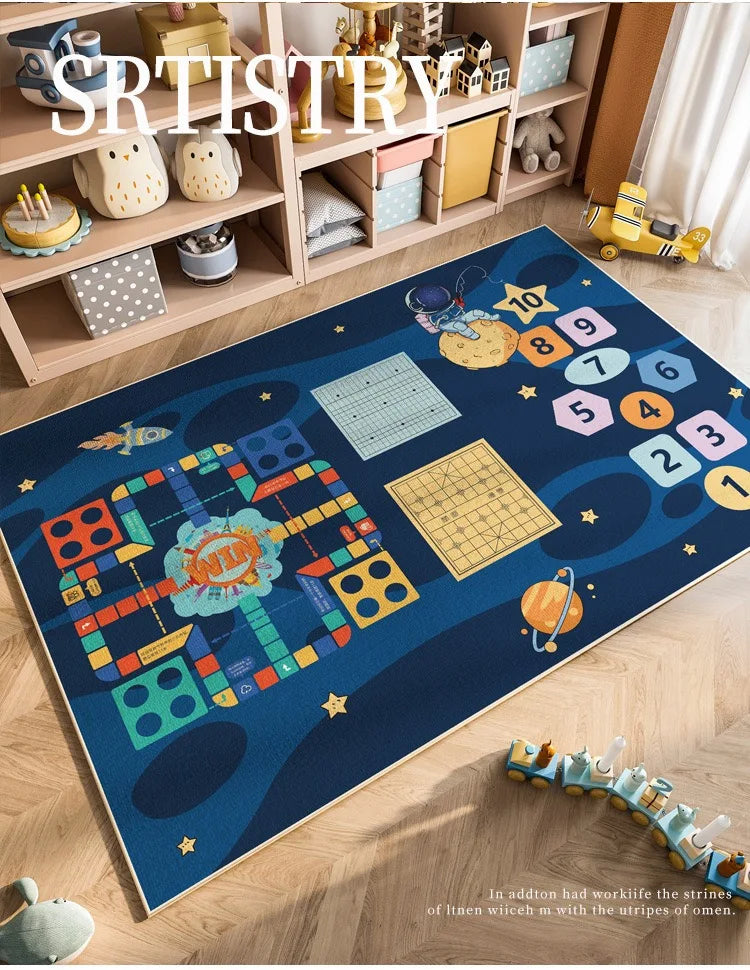 A blue play mat featuring a cartoon car traffic theme with various colorful blocks and puzzles.