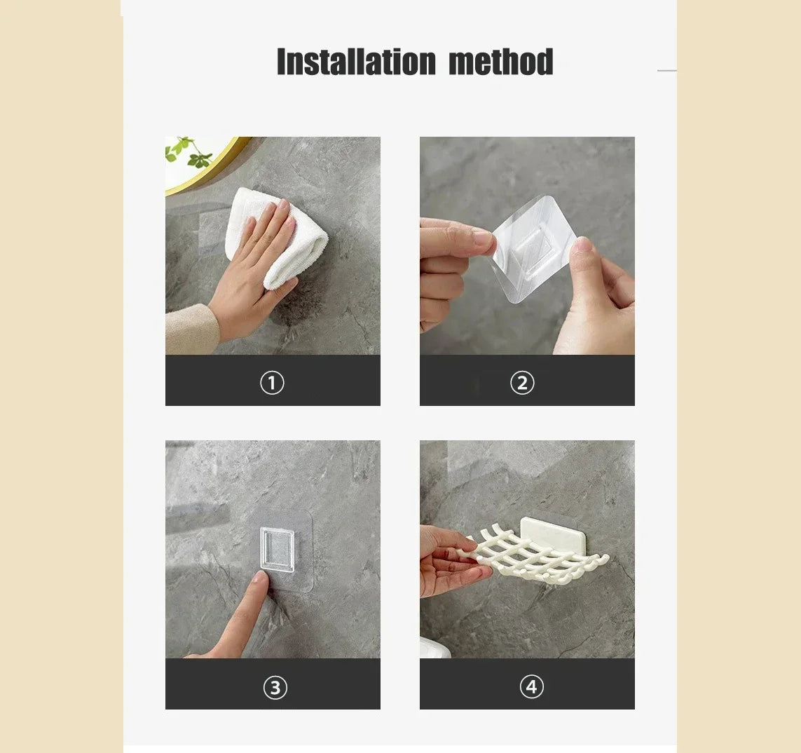 Four steps showing the installation method of a wall-mounted soap dish with drainage.