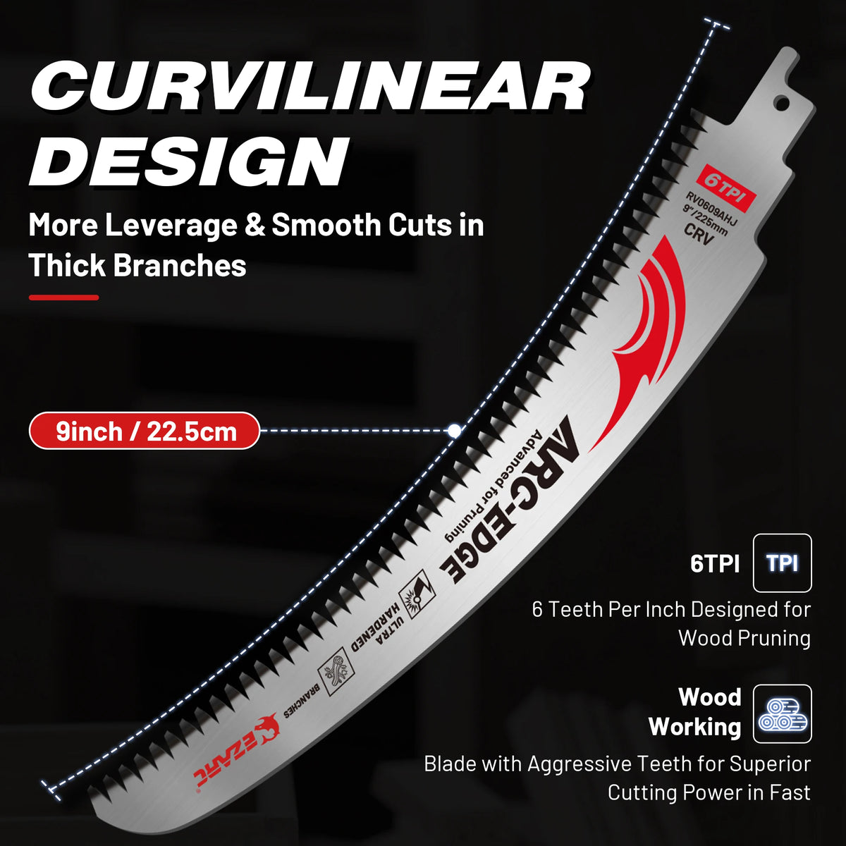 A close-up view of an ARC-EDGE 6TPI blade designed for wood pruning and cutting.