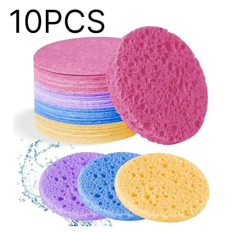Ten colorful compressed natural sponge pats stacked and displayed individually.