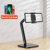A black adjustable metal tablet stand with a flexible arm is shown next to smartphones.