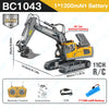 A yellow RC excavator model with a metal alloy die-cast body and dump truck attachment, shown alongside its remote control an