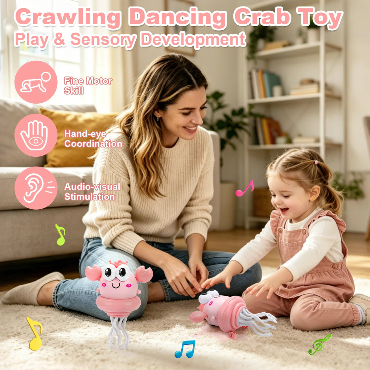A young girl plays with a pink dancing crab toy on a carpet, demonstrating fine motor skills and sensory development.