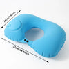 Light blue self-inflating travel neck pillow with a soft flocking cover shown from above.