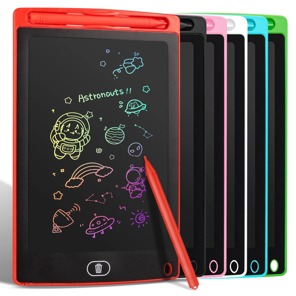 Set anpassbarer LCD-Zeichentabletts für Kinder in verschiedenen Farben, darunter rot, schwarz, pink und grün.