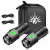 A black pocket-sized rechargeable flashlight with a clip and separate charging cables is shown.
