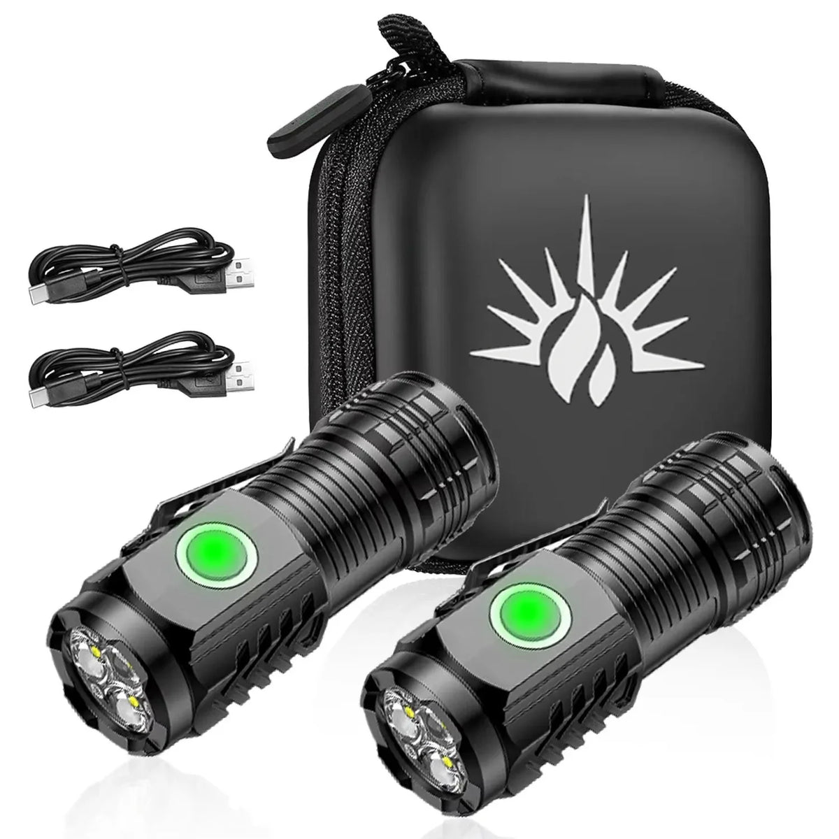 A black pocket-sized rechargeable flashlight with a clip and separate charging cables is shown.