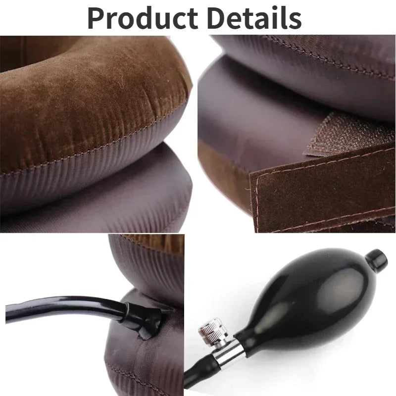 Close-up view of a dark brown inflatable cervical traction neck stretcher and its components.