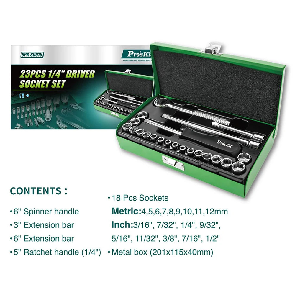 A green box containing a 23-piece driver socket set with various metric and inch sizes and an extension bar.