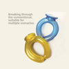 Two U-shaped reusable neck wraps in blue and yellow against a light background.