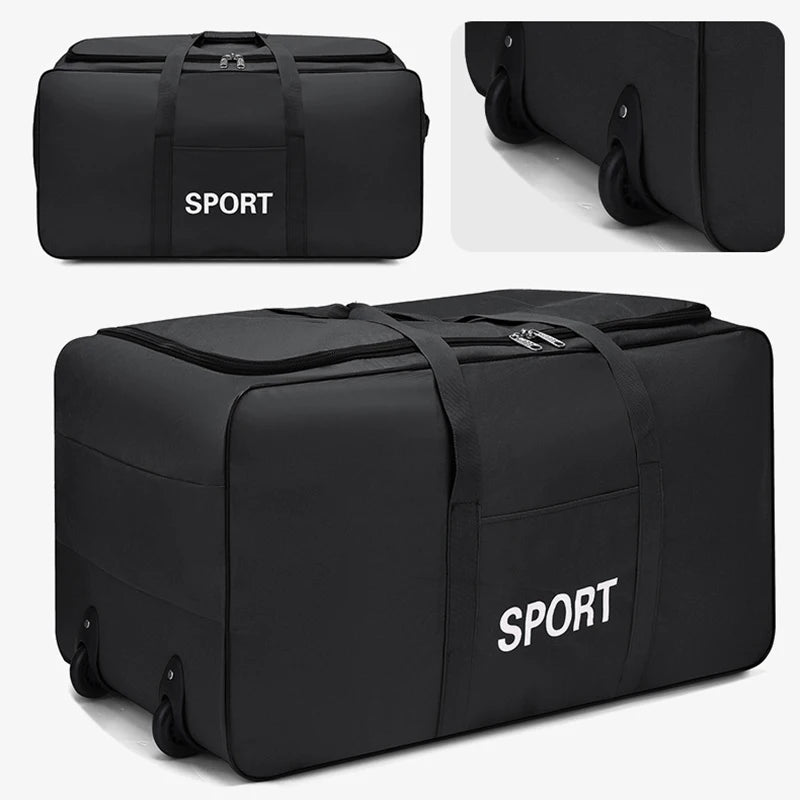 Black heavy-duty waterproof travel duffel bag with a sport logo