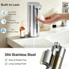 A hand dispenses soap from a modern, shiny 304 stainless steel touchless automatic foam soap dispenser.
