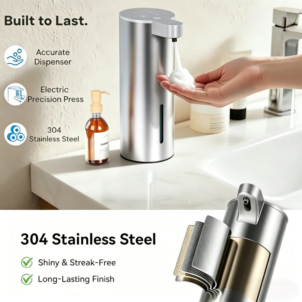 A hand dispenses soap from a modern, shiny 304 stainless steel touchless automatic foam soap dispenser.