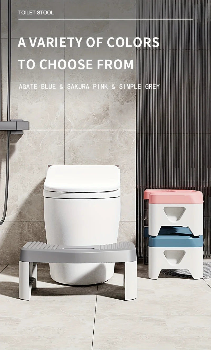 A white toilet stool is shown next to a toilet, with color options of agate blue, sakura pink, and simple grey displayed.