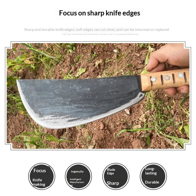A hand holds a black forged steel knife blade with a wooden handle, demonstrating sharp edges for cutting.