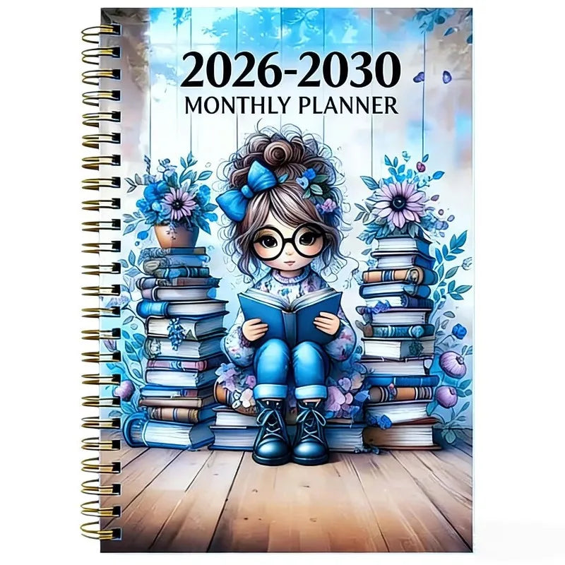 5-Year Monthly Planner with Reading-Themed Cover, Lay-Flat Spiral Binding