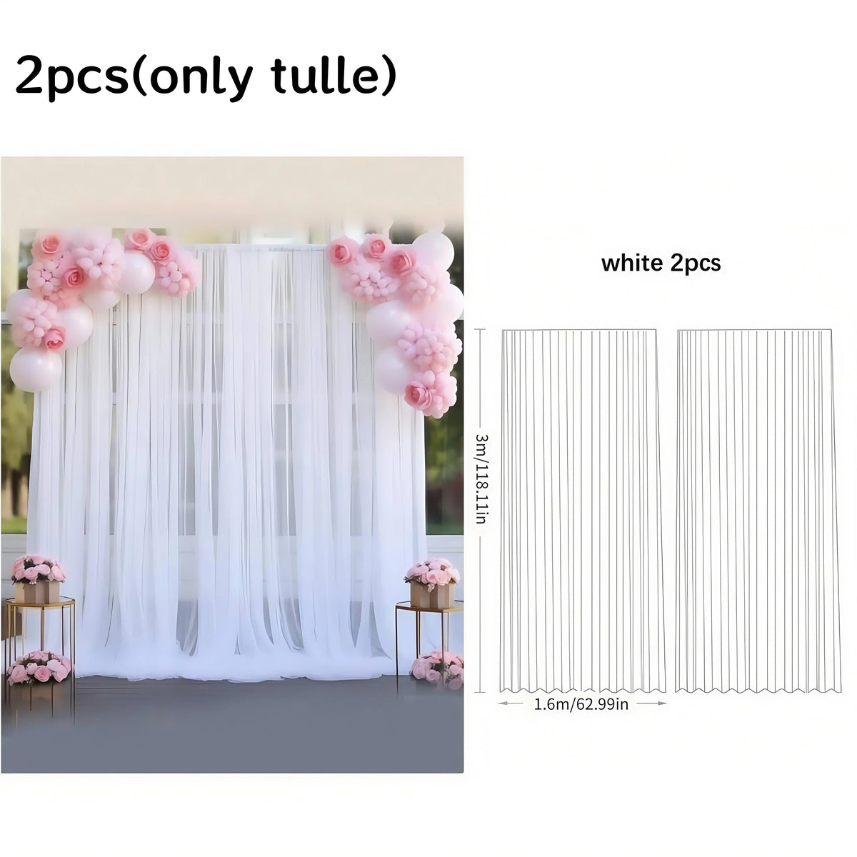 White tulle curtains with pink floral accents shown hanging in a window frame.