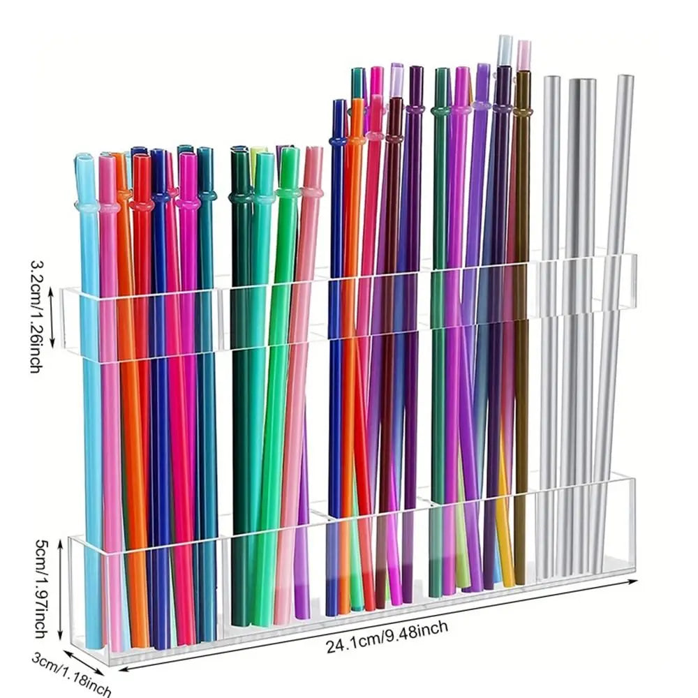 Acrylic wall-mounted holder displaying various colored straws and utensils in a rectangular tray