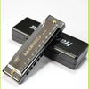 A harmonica is shown inside its protective case, featuring a 10-hole diatonic design.