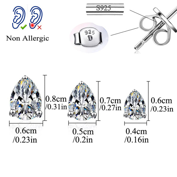 Sterling silver water drop cubic zirconia earrings shown with various sizes and a non-allergenic certification.