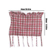 A red and white plaid farmhouse oven skirt with ruffled trim displayed flat.