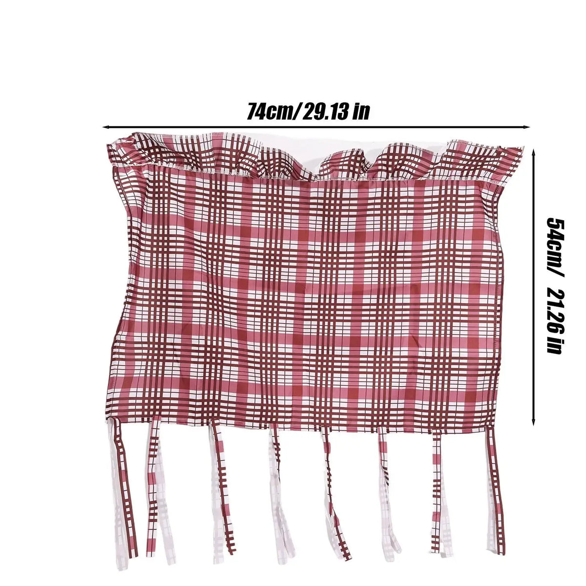 A red and white plaid farmhouse oven skirt with ruffled trim displayed flat.
